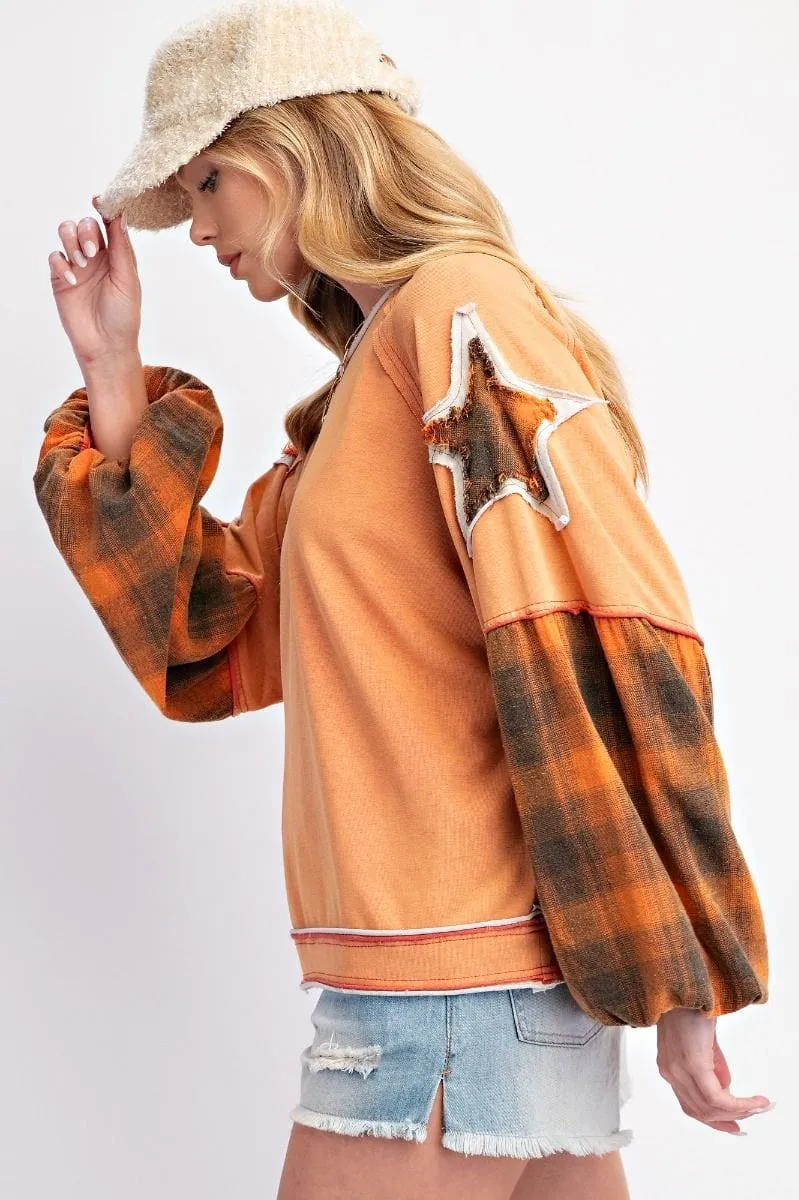 Easel Plaid Mix Raw Seam Star Patch Loose Fit Pullover