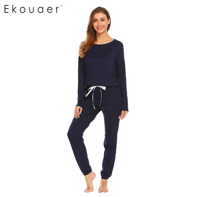 Ekouaer Women Casual Sleepwear Pajamas Set Round Neck Long Sleeve Solid Drawstring Top & Pants Pajamas Nighties Female Homewear