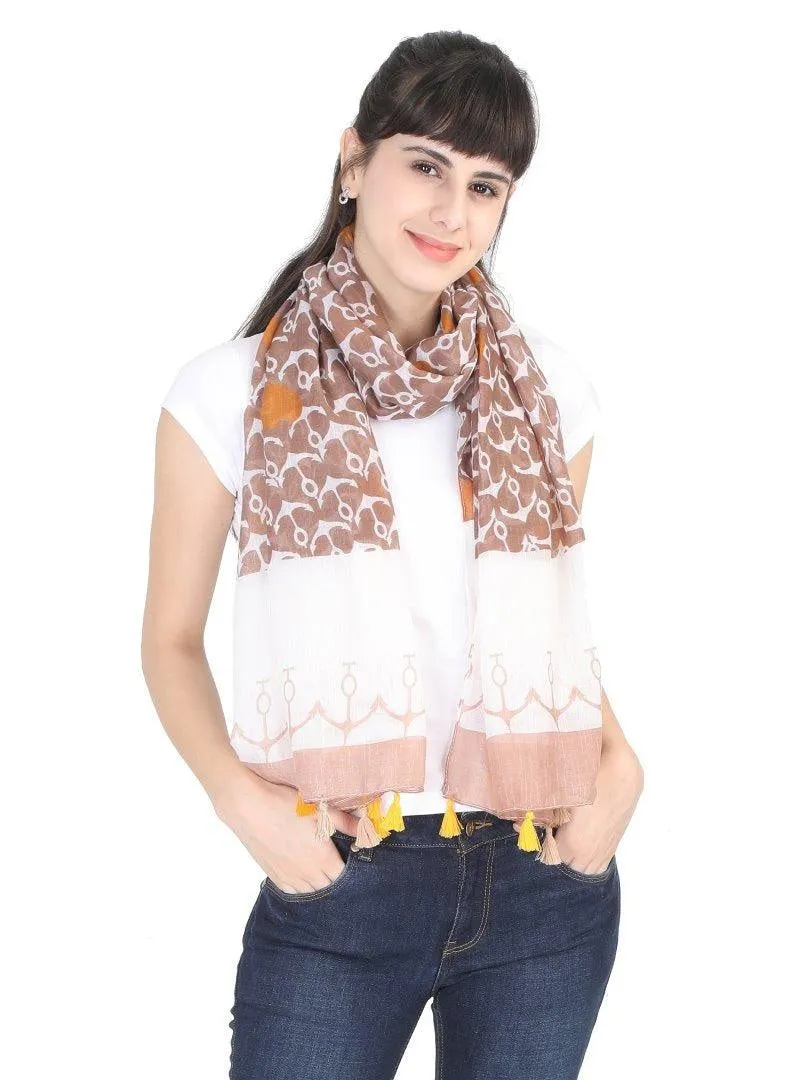 FabSeasons Brown Anchor Printed Cotton Scarf for Summer & Winter