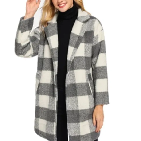 Fashion Plaid Wool Turn-Down Collar Long Sections Coat