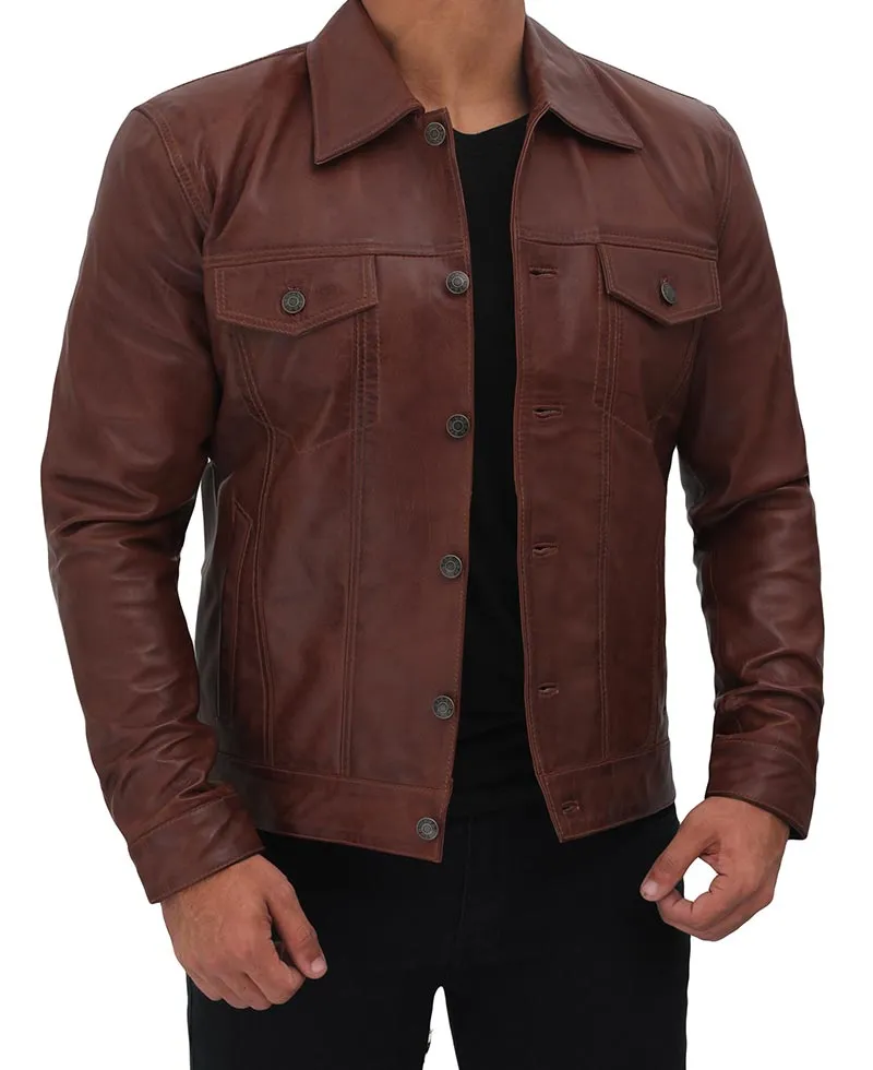 Fernando Real Leather Brown Trucker Jacket Mens