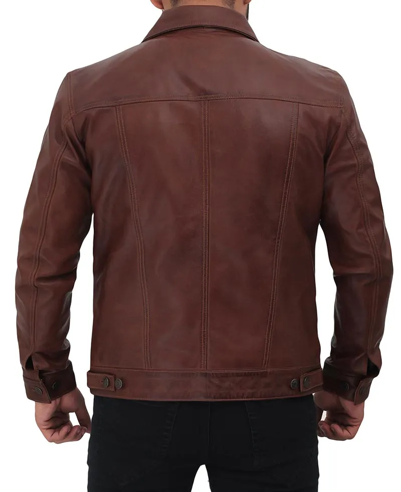 Fernando Real Leather Brown Trucker Jacket Mens