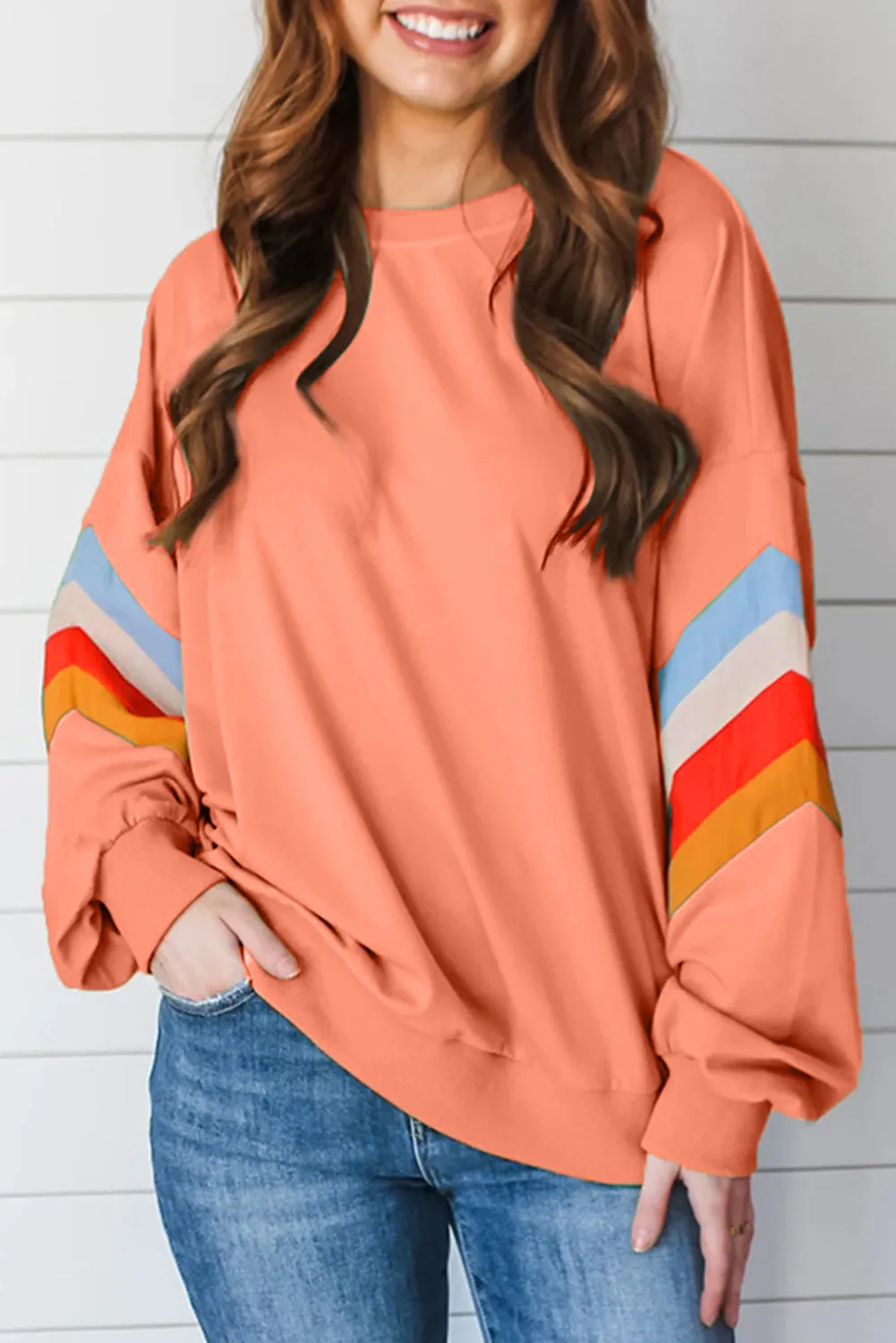 Flamingo Rainbow Striped Sleeve Crew Neck Loose Sweatshirt