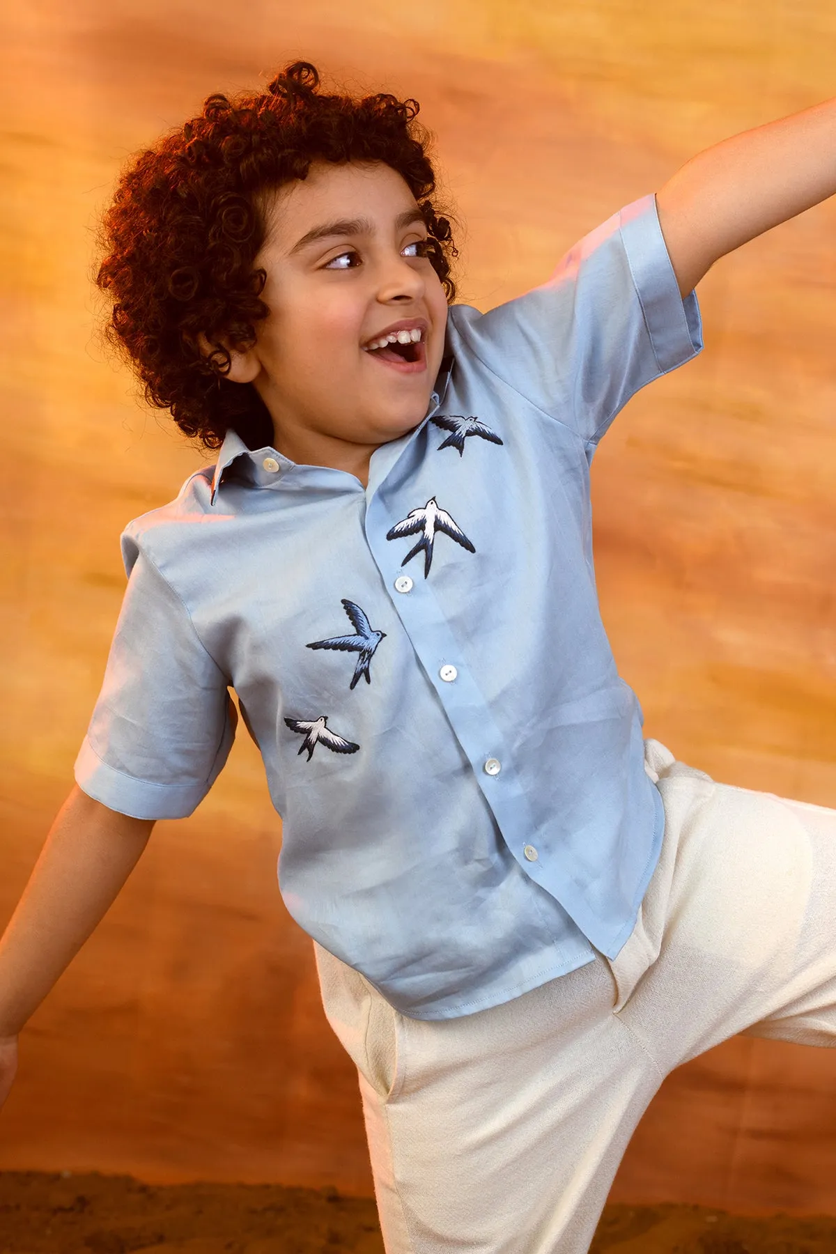 Flier- Hand Embroidered Cotton Satin Half Sleeves Shirt For Boys