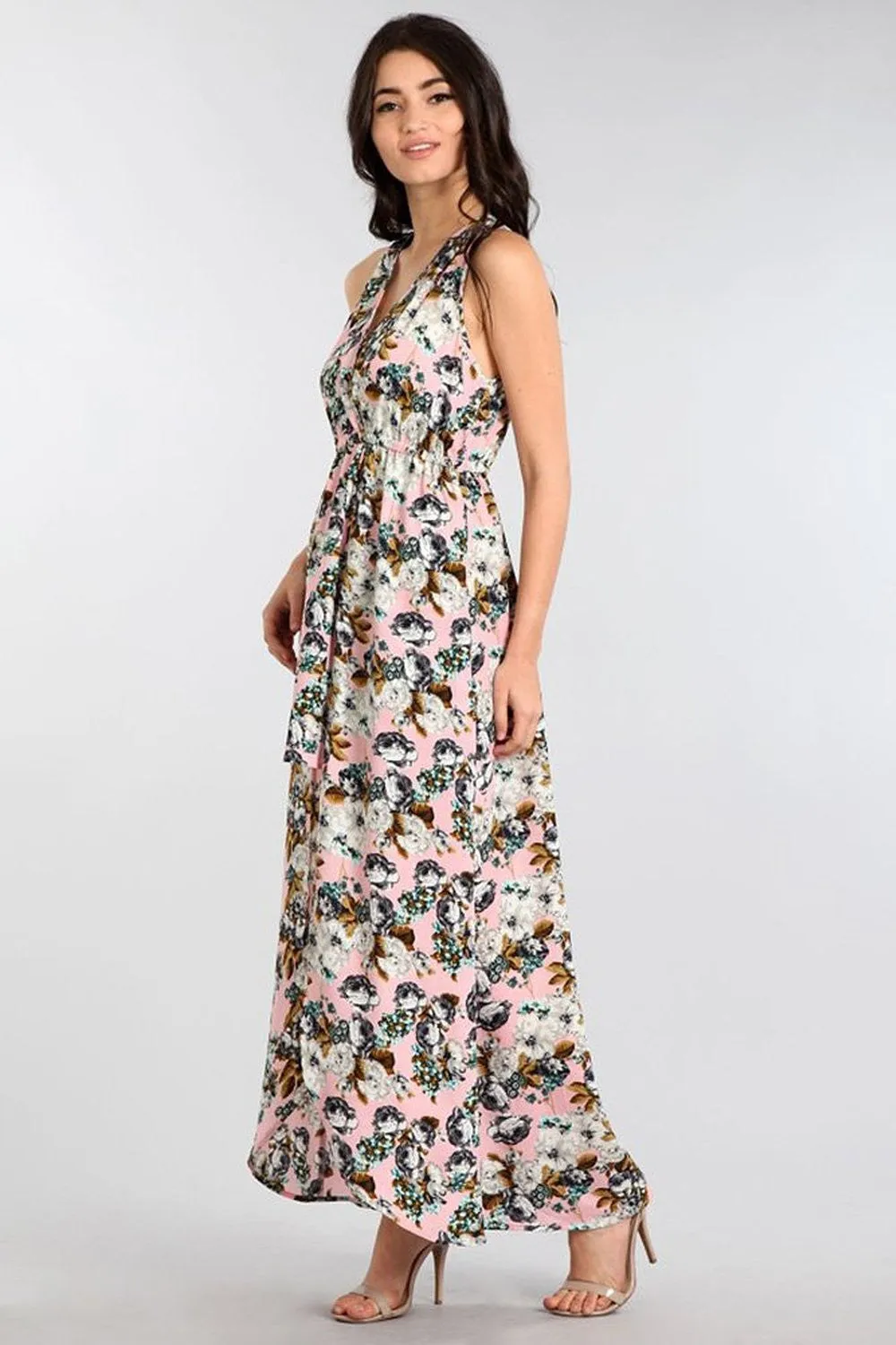 Floral Pink Asymmetric Hi-Lo Relaxed V-Neck Knit Maxi Dress