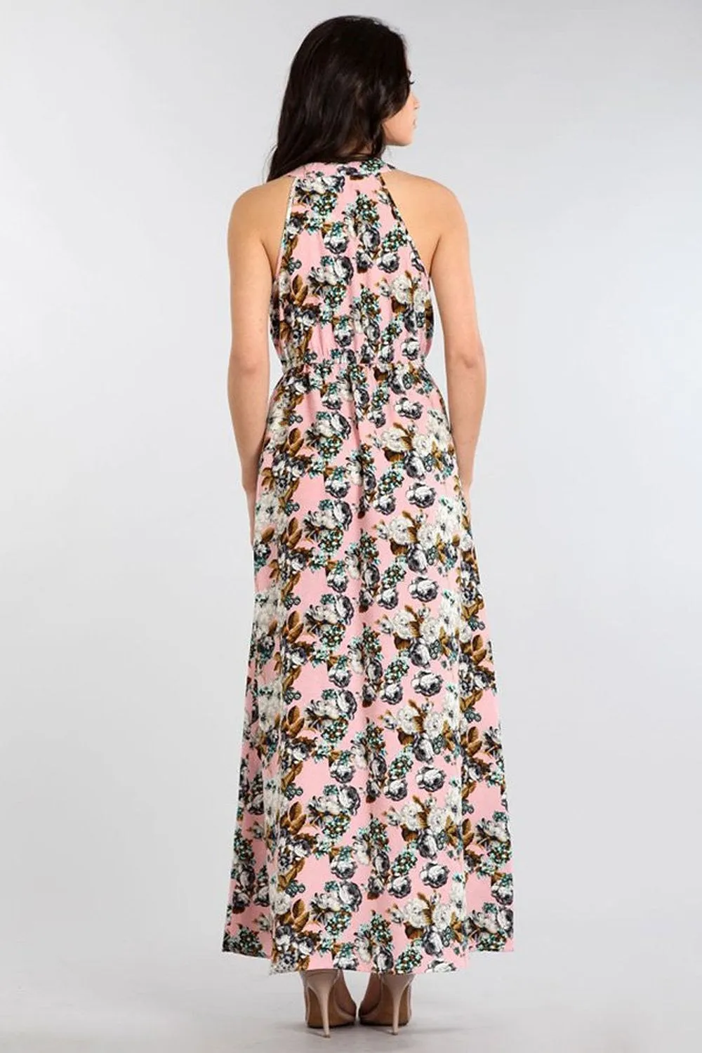 Floral Pink Asymmetric Hi-Lo Relaxed V-Neck Knit Maxi Dress