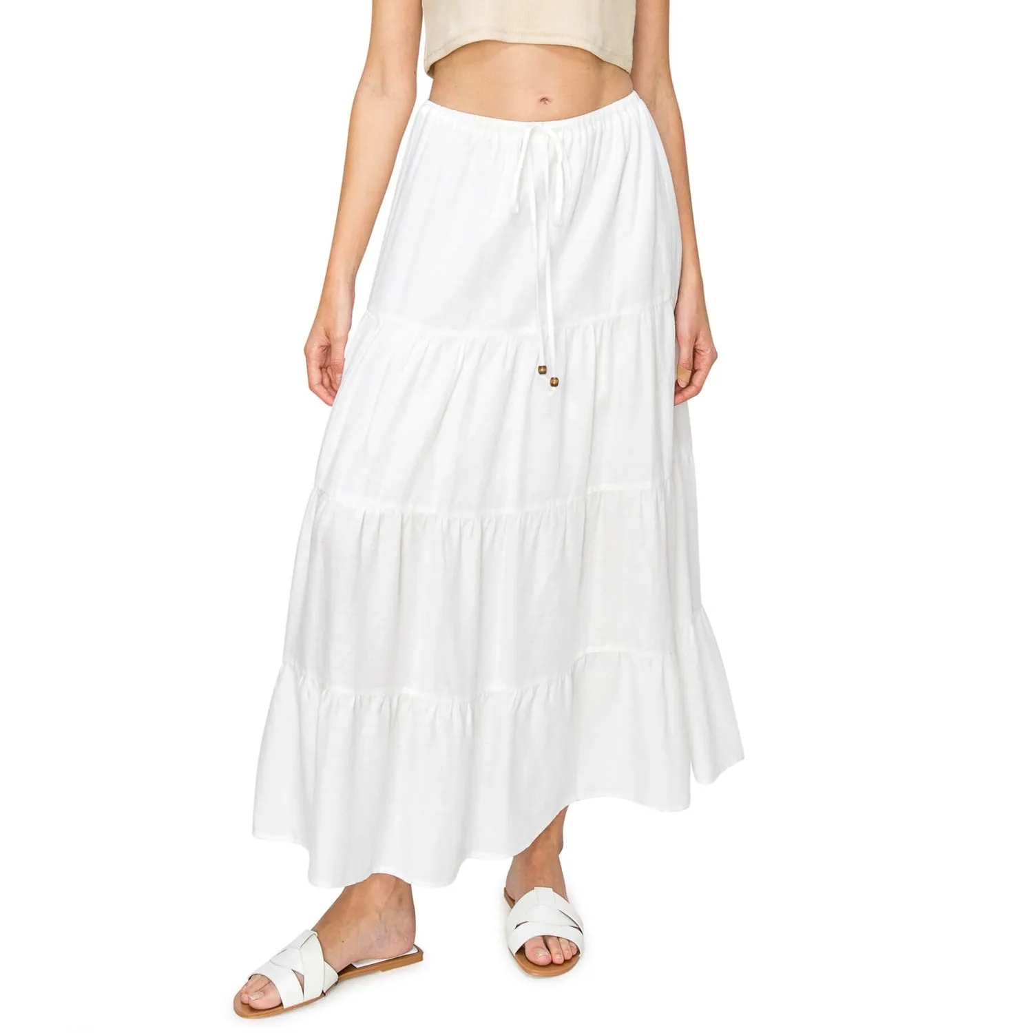 Flowy Tiered Maxi Linen Skirt - White