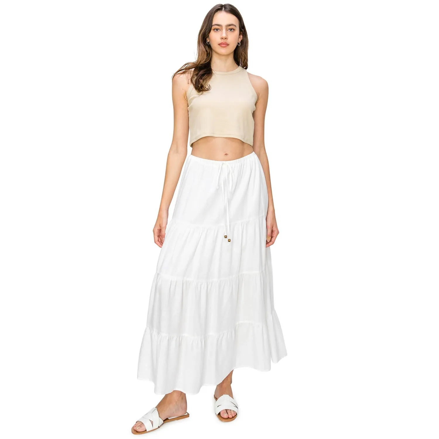 Flowy Tiered Maxi Linen Skirt - White