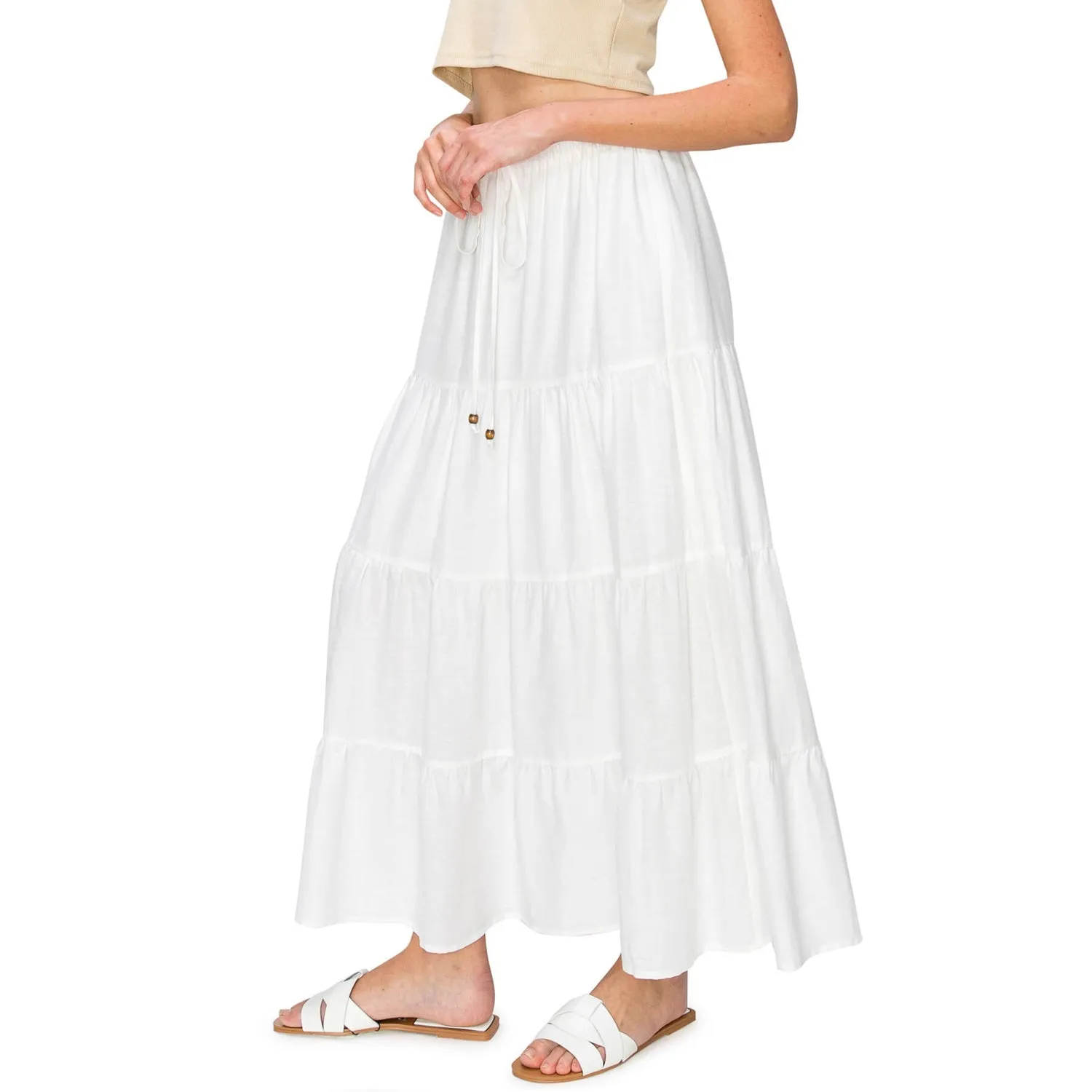 Flowy Tiered Maxi Linen Skirt - White