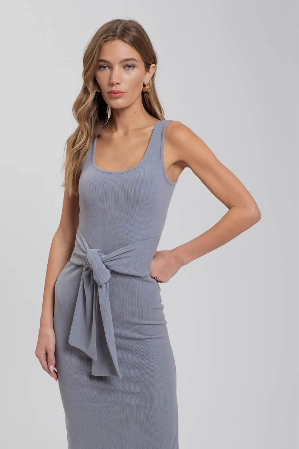 FRONT TIE SWEATER KNIT TANK MIDI DRESS