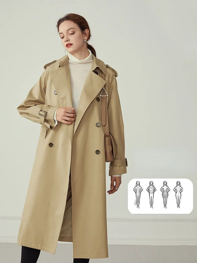 FSLE 100% Cotton Khaki Long Women Trench Coat Autumn Winter Turn Down Collar Women Clothes Causal Full Sleeve Belt Trench