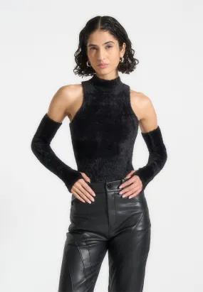 Fuzzy High Neck Bodysuit with Sleeves - Black