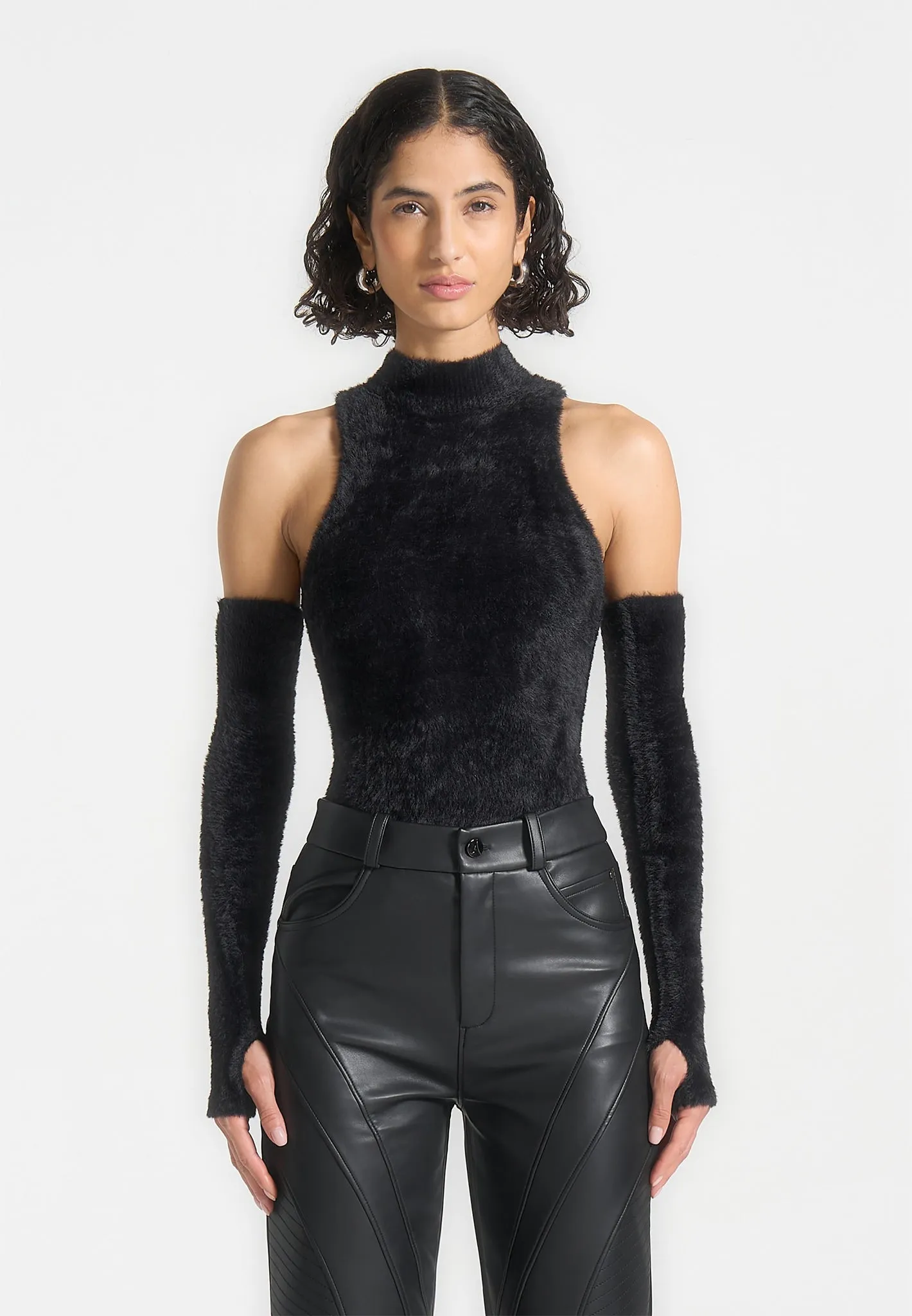 Fuzzy High Neck Bodysuit with Sleeves - Black