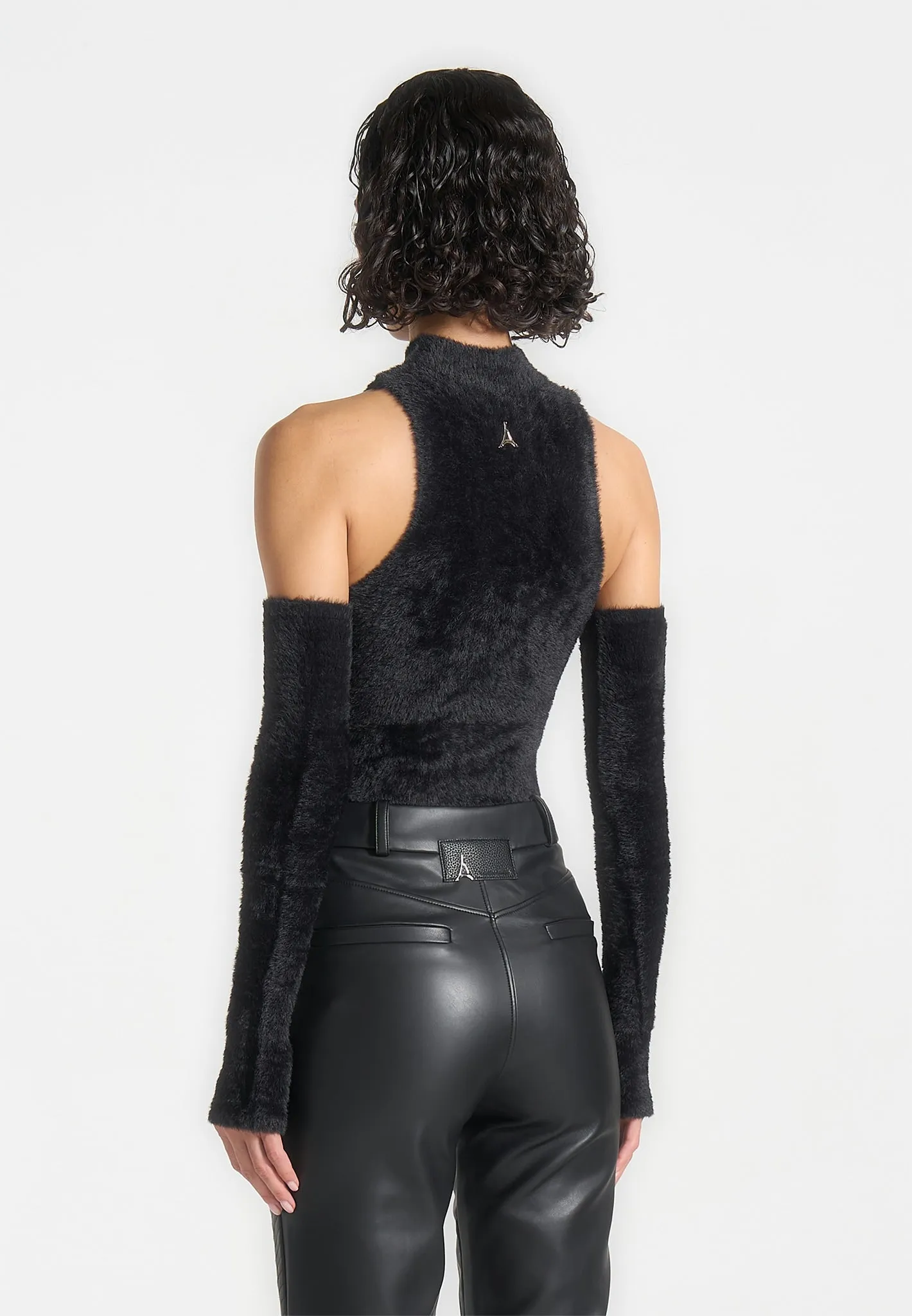 Fuzzy High Neck Bodysuit with Sleeves - Black