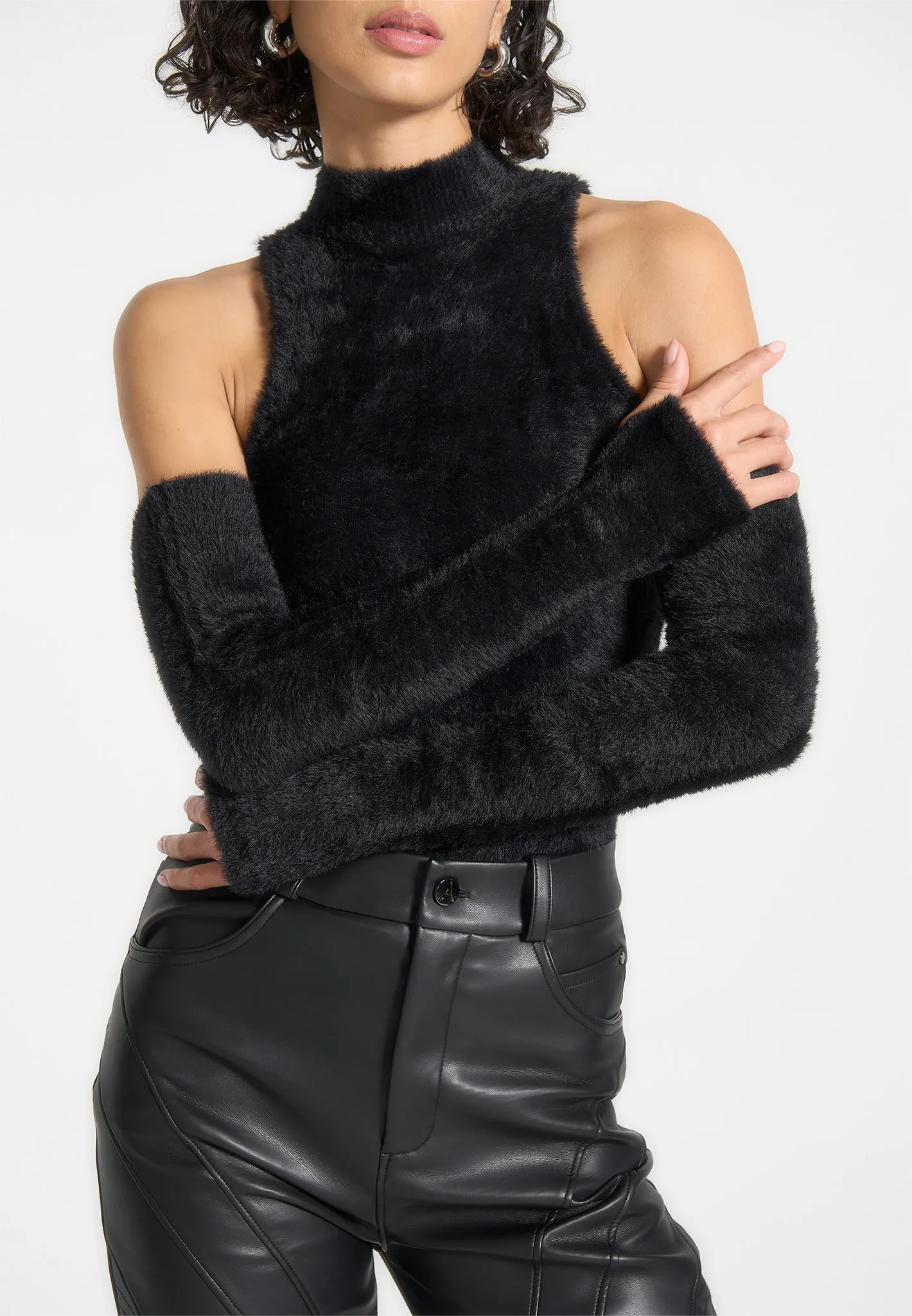 Fuzzy High Neck Bodysuit with Sleeves - Black