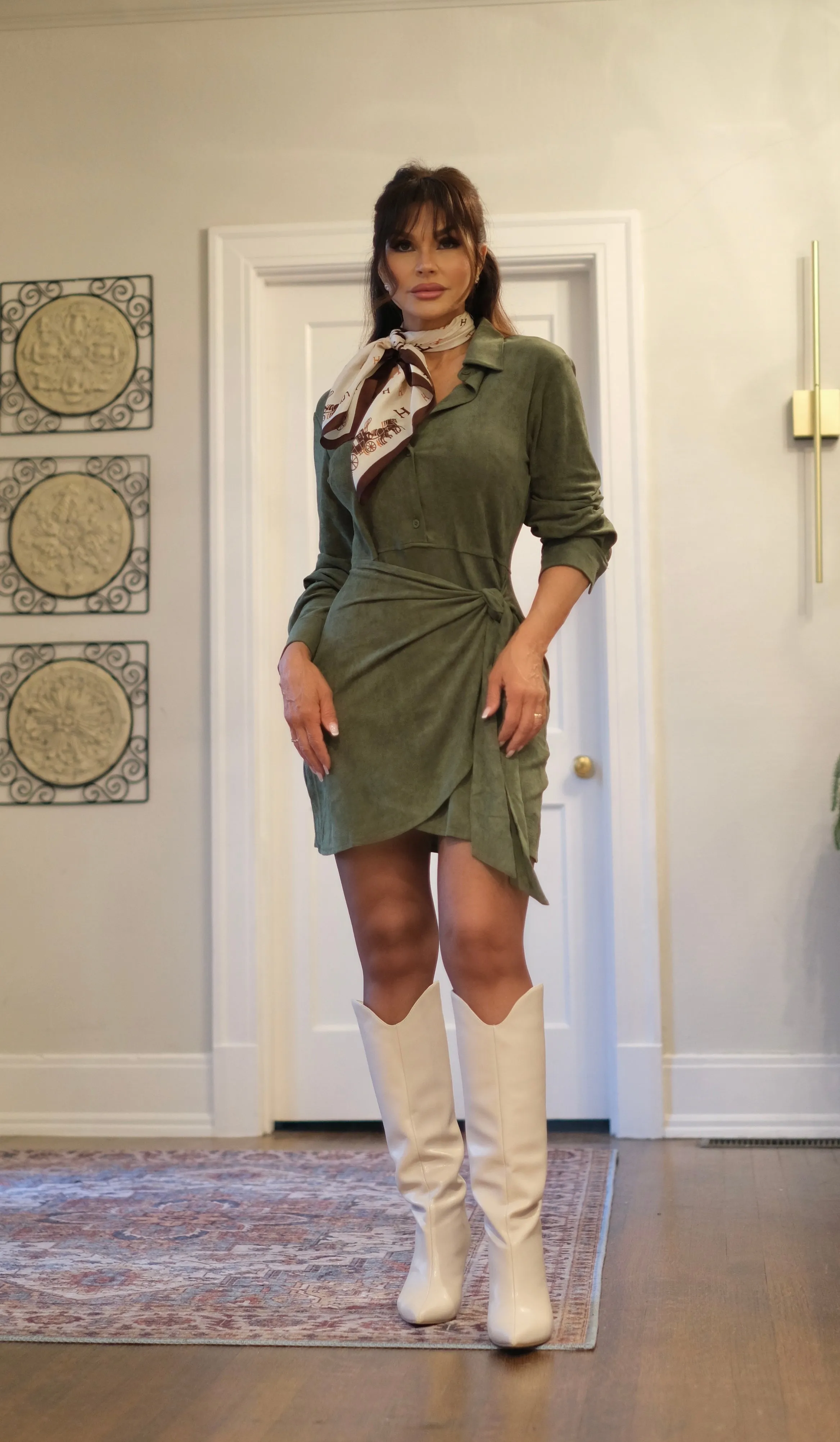 Gaylen green suede collard shirt dress with tie