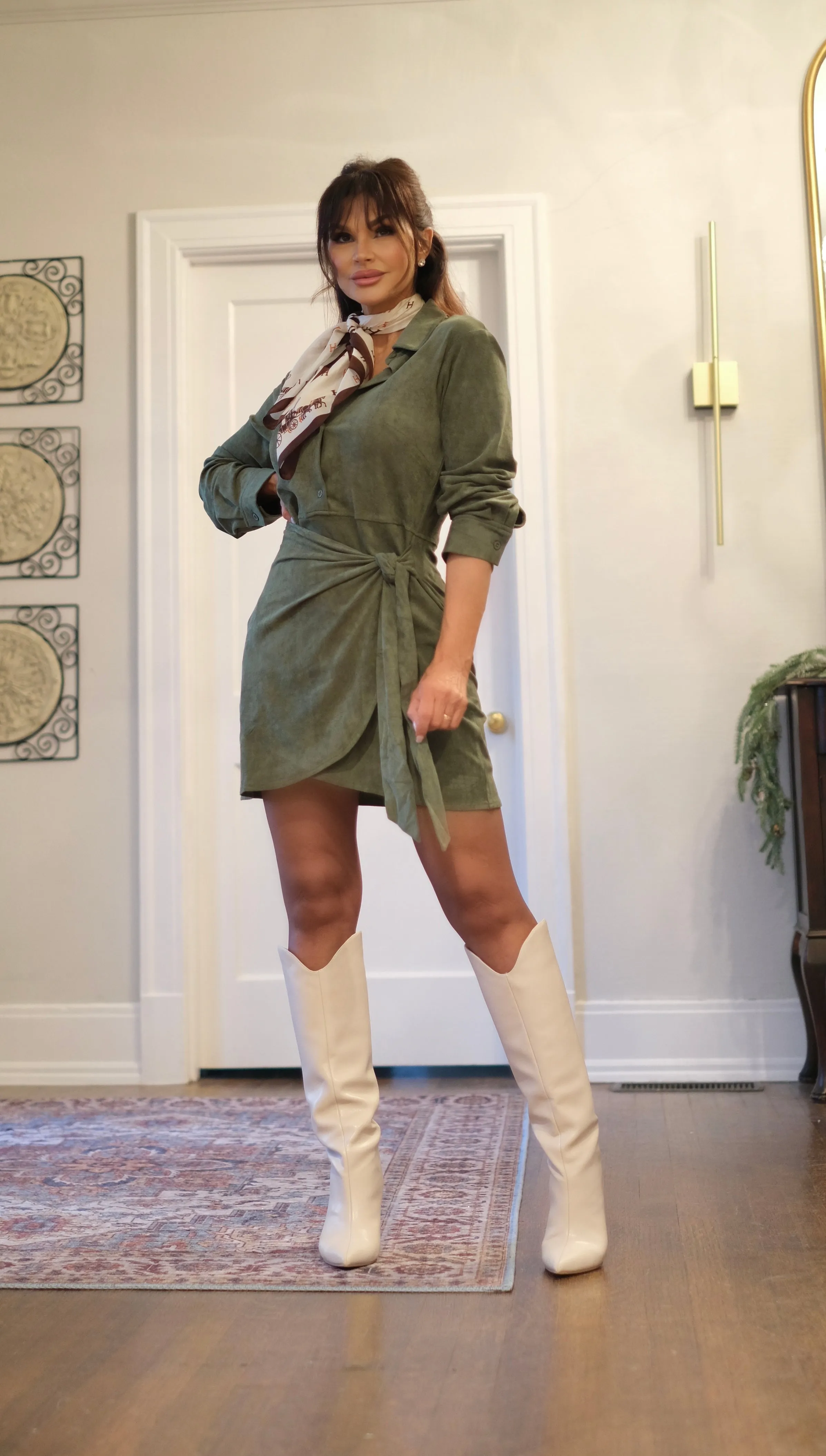 Gaylen green suede collard shirt dress with tie