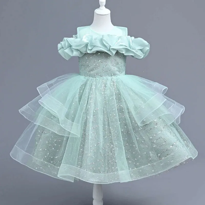 Girls Wedding Evening Dress Petal Sequin Mesh Sleeveless Birthday Party Dress