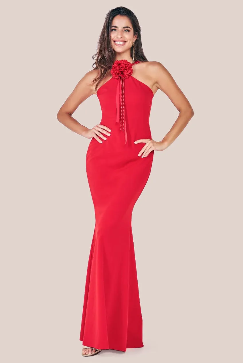 Goddiva Racer Neck Corsage Scuba Maxi - Red