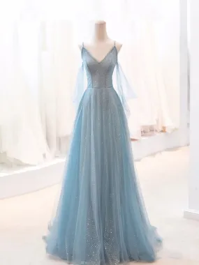 Gray Blue V Neck Tulle Sequin Long Prom Dress, Blue Evening Dress