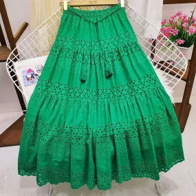 Green Eyelet Boho Maxi Skirt