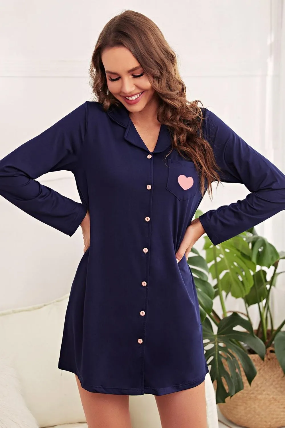 Heart Graphic Lapel Collar Night Dress