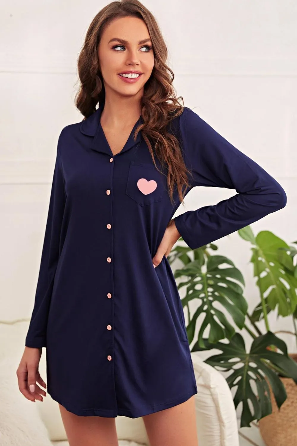 Heart Graphic Lapel Collar Night Dress