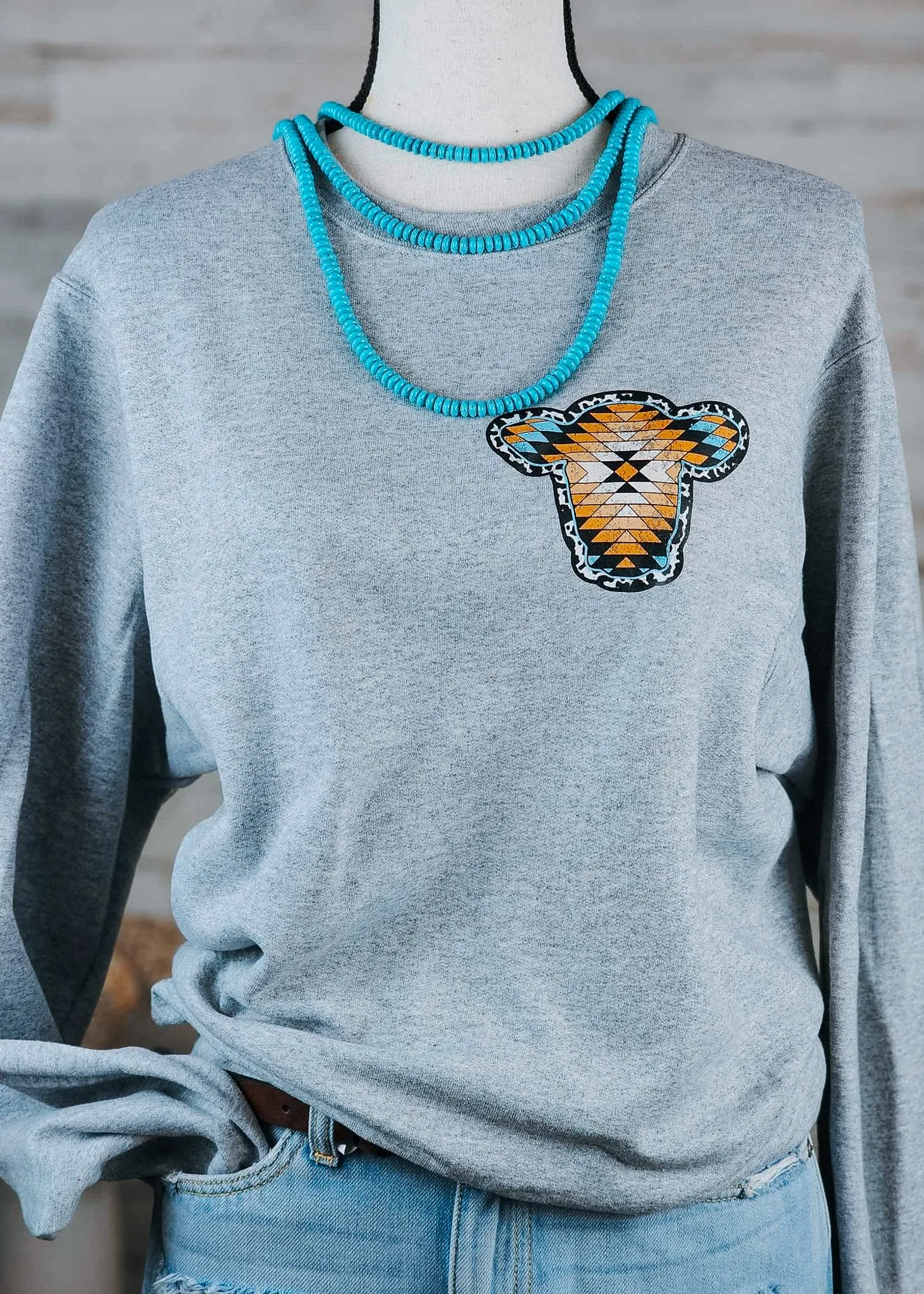 Heather Gray Aztec Cow Fleece Pullover