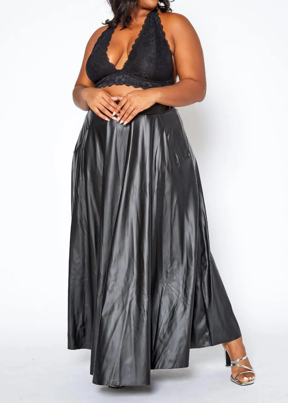 Hi Curvy Plus Size PU Leather Wide Flare Maxi Skirt