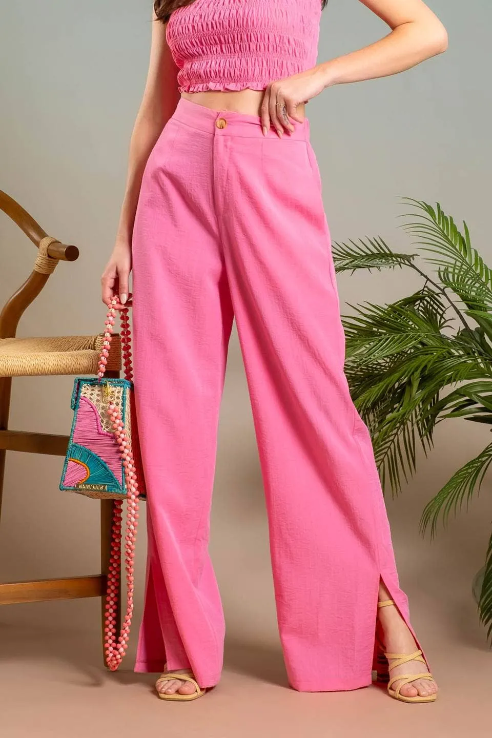 HIGH WAIST WIDE SPLIT LEG DRESS PANTS: ORANGE