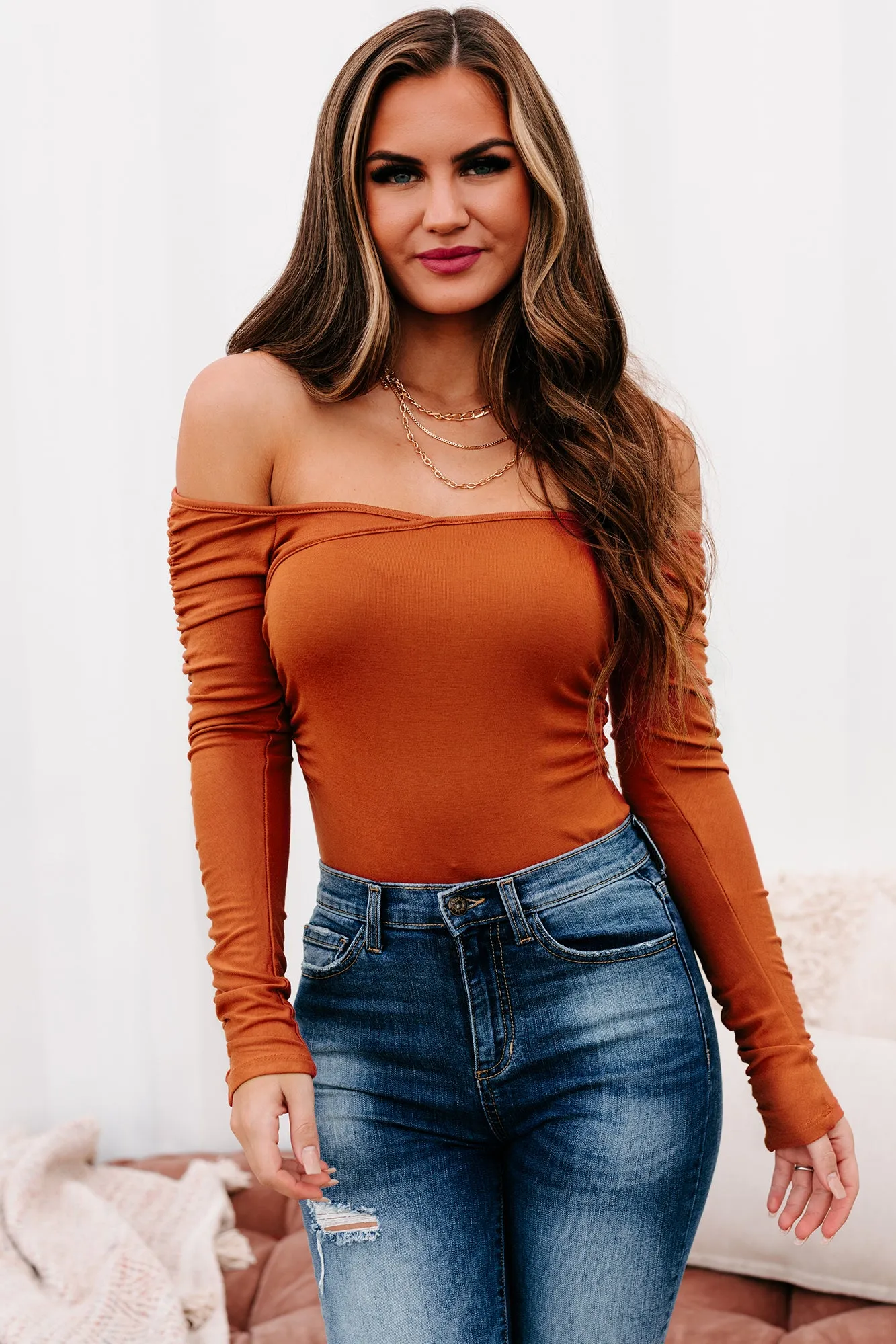 Highly Stylized Ruched Off The Shoulder Bodysuit (Rust)