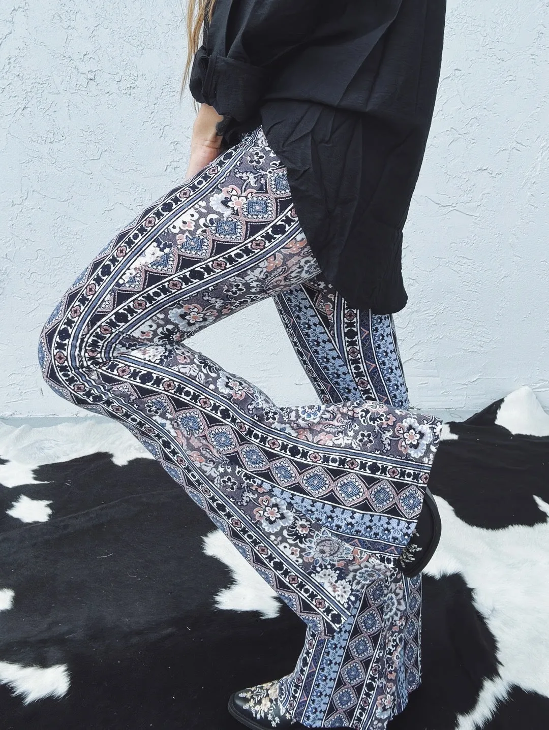 Hotel Key Boho Floral Print Bell Bottom Flare Pants