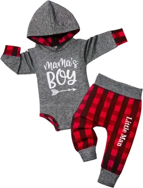 Infant Baby Boy Plaid Letter Print Hoodie and Pants Winter Outfit Set – 2PCS for Style and Comfort