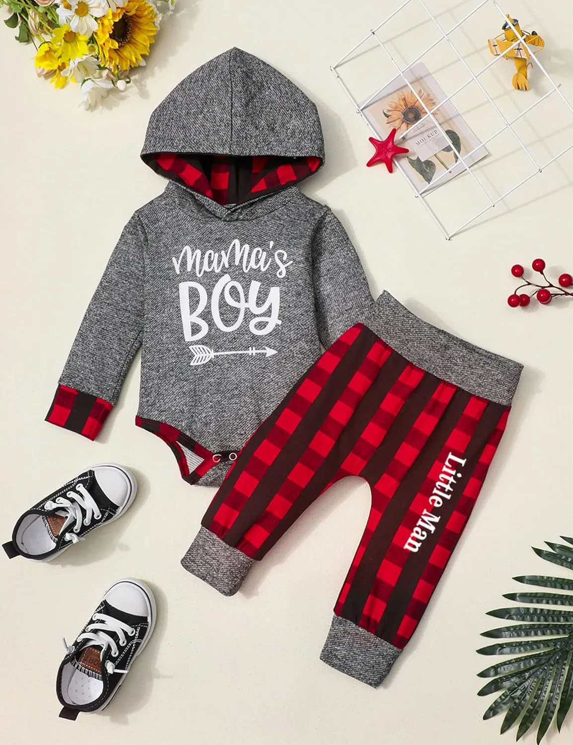 Infant Baby Boy Plaid Letter Print Hoodie and Pants Winter Outfit Set – 2PCS for Style and Comfort