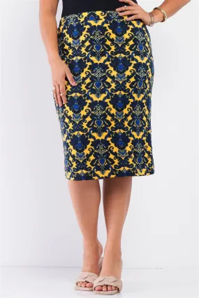 Junior Plus Yellow Blue And Black Damask Print High Waisted Mini Pencil Skirt /3-1-2