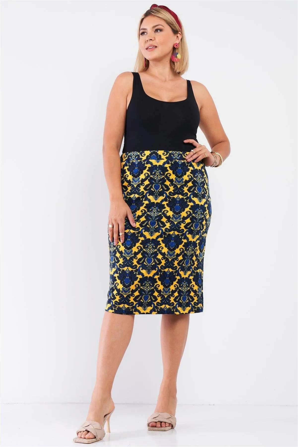 Junior Plus Yellow Blue And Black Damask Print High Waisted Mini Pencil Skirt /3-1-2