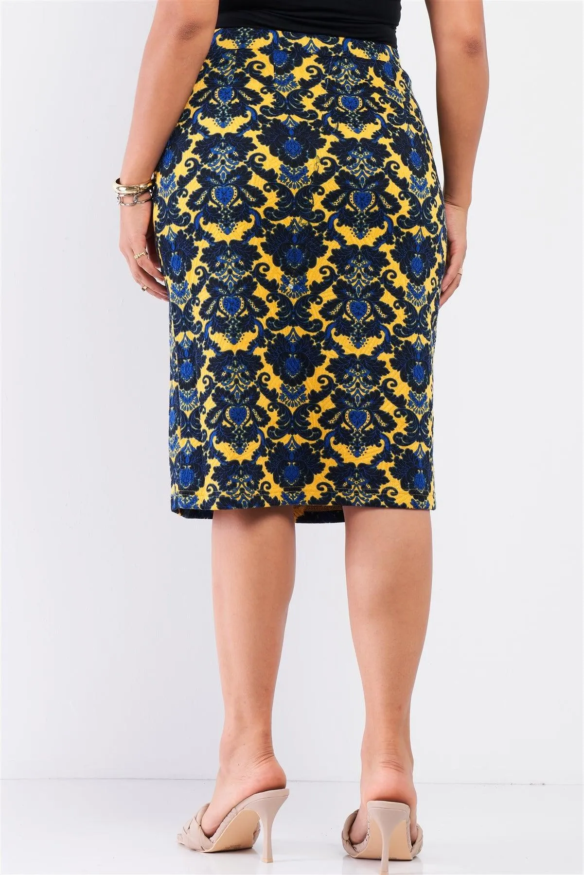 Junior Plus Yellow Blue And Black Damask Print High Waisted Mini Pencil Skirt /3-1-2