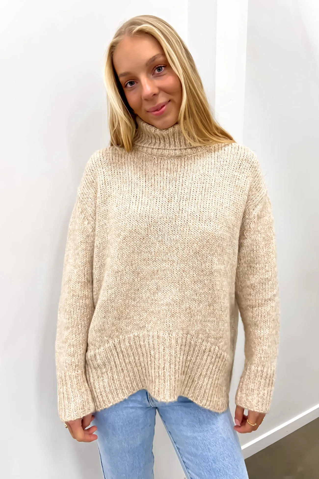 Kaleb Roll Neck Knit Jumper Latte