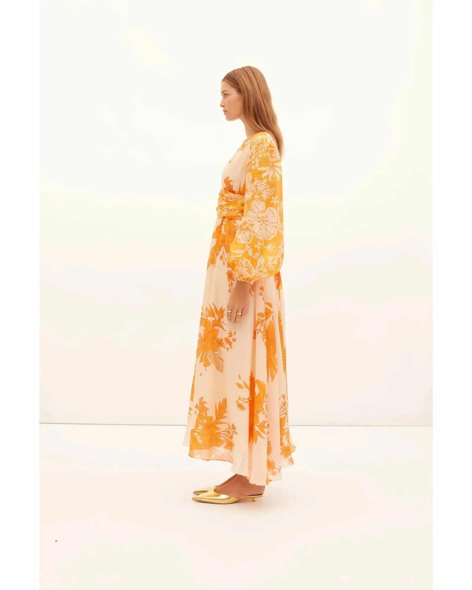 Kate Ford Hester Ruched Gown Orange Print Size AU 12