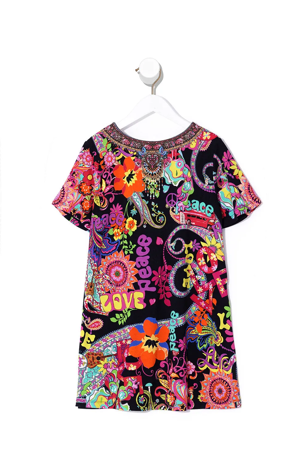 KIDS TSHIRT DRESS WITH FLARE HEM PEACE LOVE AND HAIR