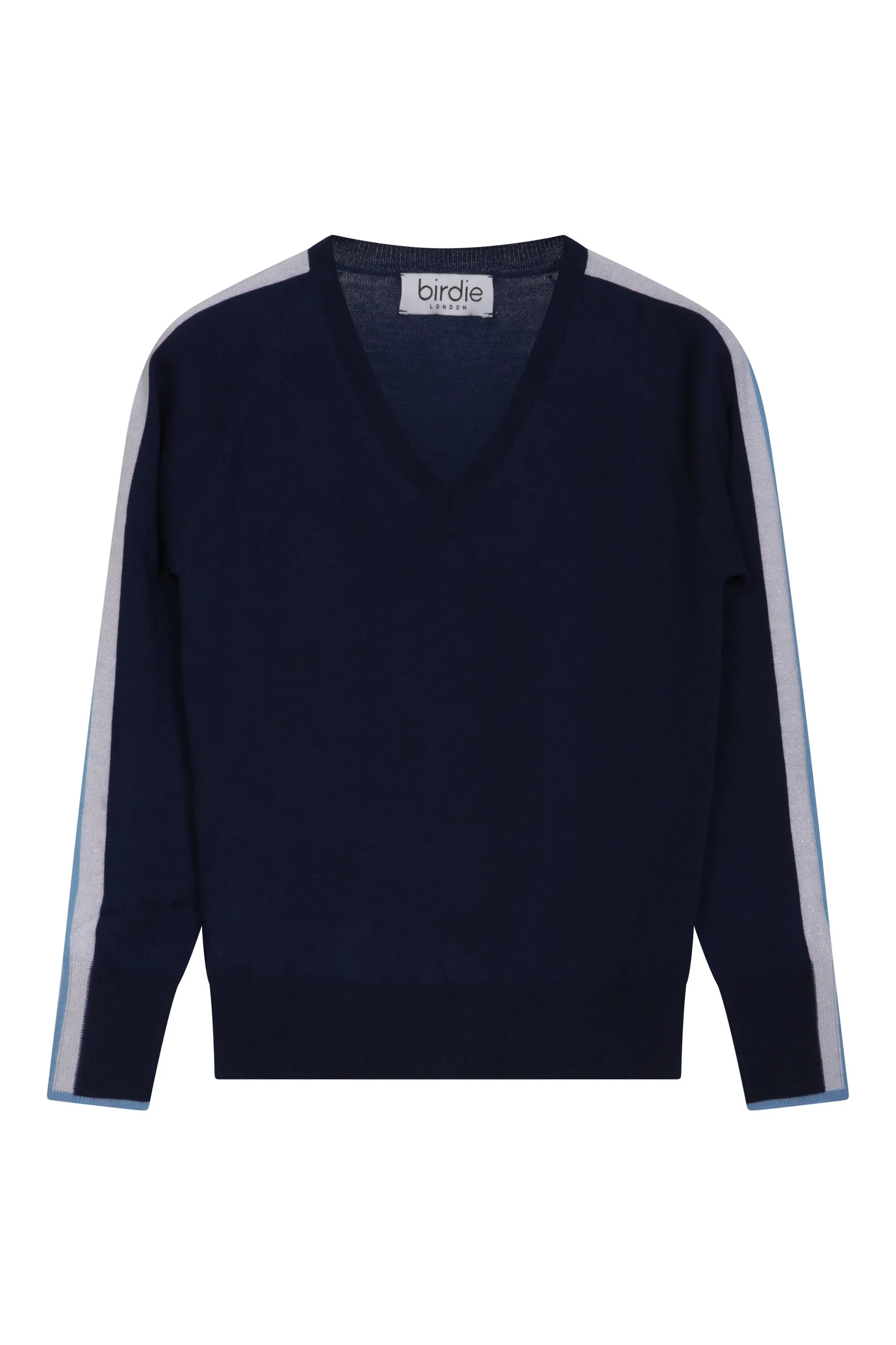 Ladies V jumper in French navy, blue & silver