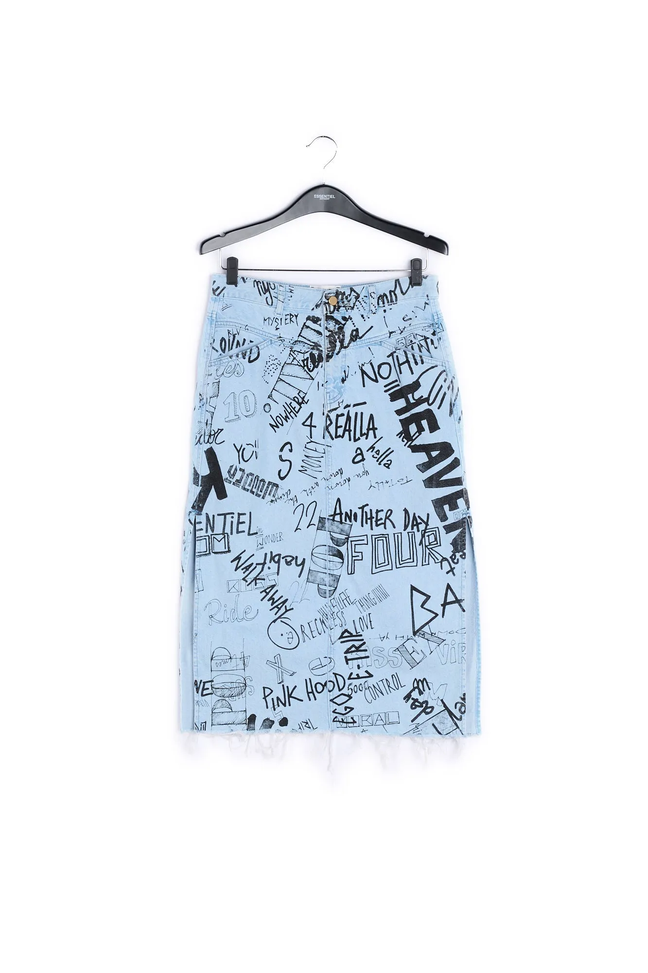 Light blue graffiti-print denim pencil skirt