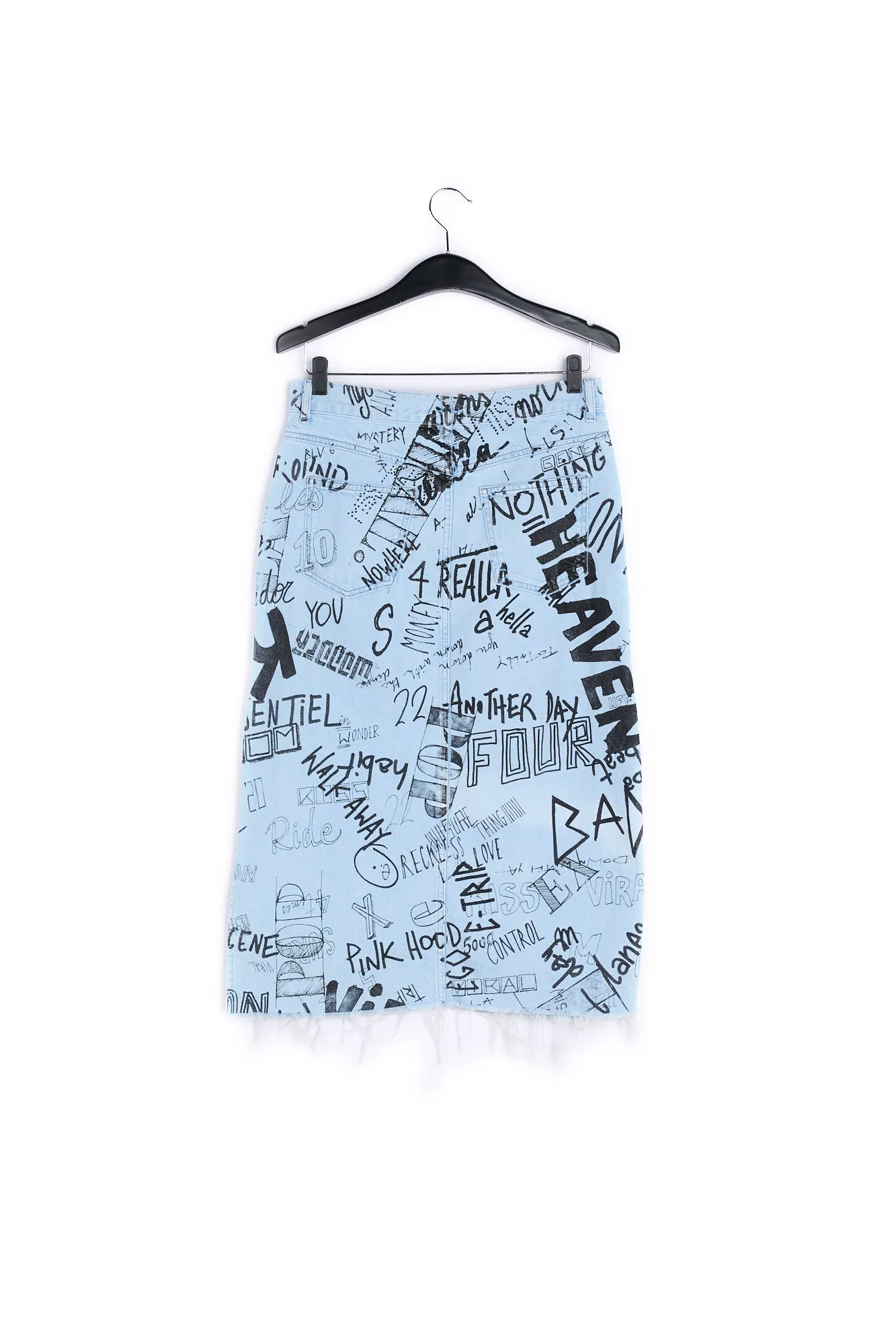 Light blue graffiti-print denim pencil skirt