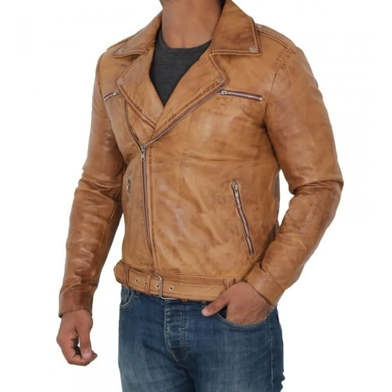 Light Brown Moto Leather Jacket Mens