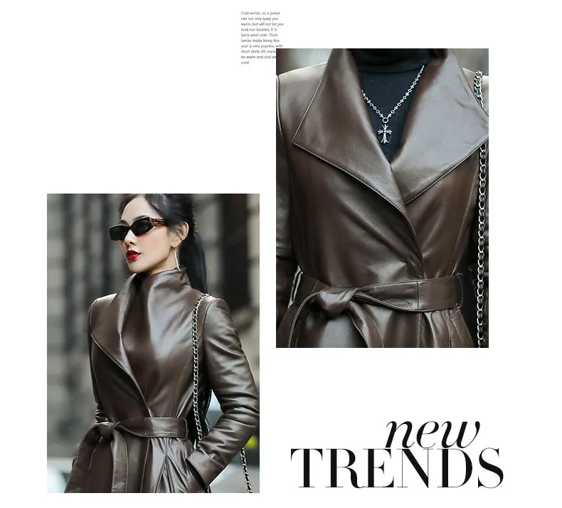 Long Brown Black Soft Faux Leather Trench Coat Belt Long Sleeve Skirted Elegant Luxury Fashion