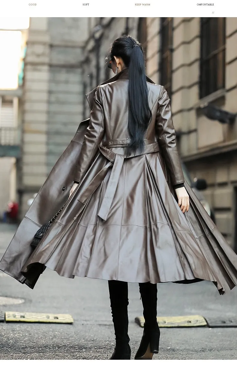 Long Brown Black Soft Faux Leather Trench Coat Belt Long Sleeve Skirted Elegant Luxury Fashion