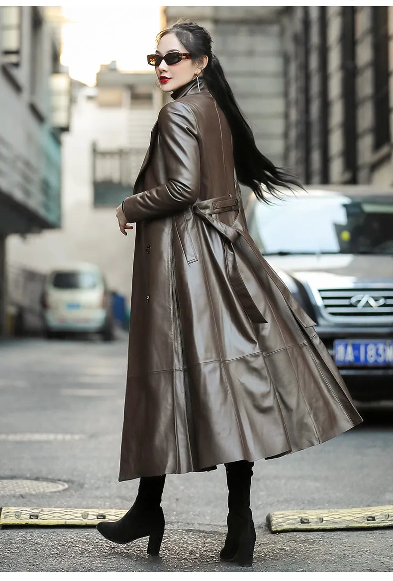 Long Brown Black Soft Faux Leather Trench Coat Belt Long Sleeve Skirted Elegant Luxury Fashion