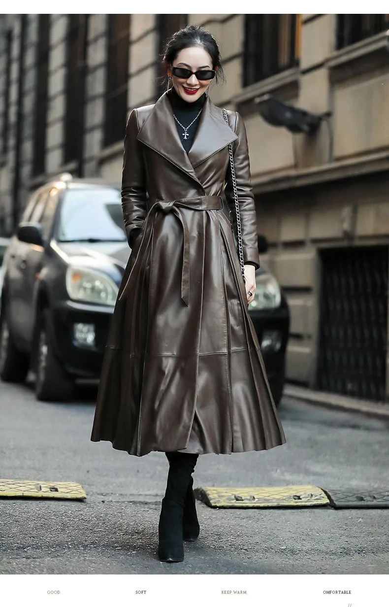 Long Brown Black Soft Faux Leather Trench Coat Belt Long Sleeve Skirted Elegant Luxury Fashion