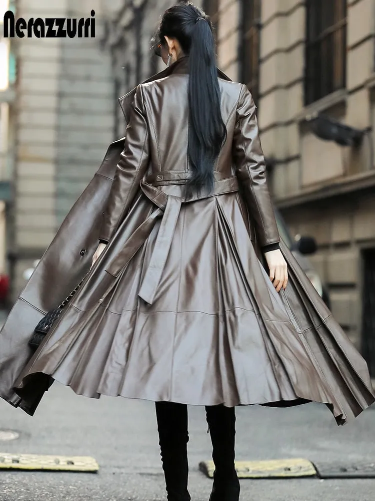 Long Brown Black Soft Faux Leather Trench Coat Belt Long Sleeve Skirted Elegant Luxury Fashion