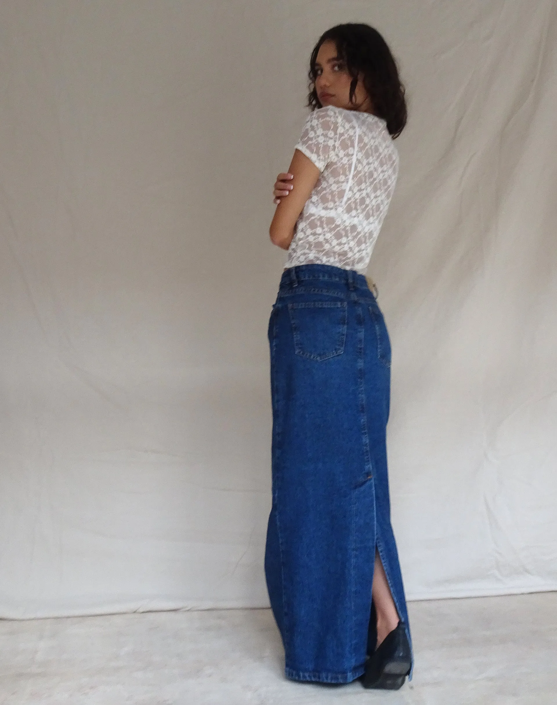 Low Rise Denim Maxi Skirt in Mid Blue Used